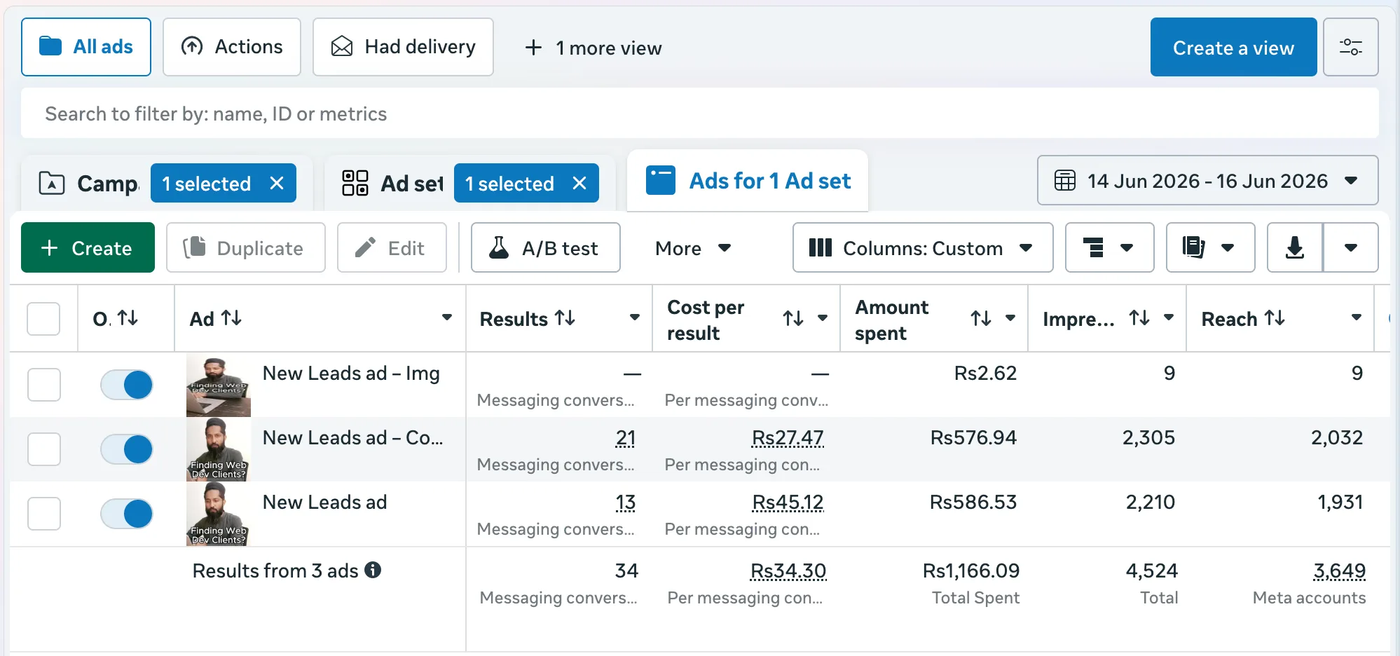 Meta Ads proof showing Rs1,166 spent and messaging leads from a small budget campaign
